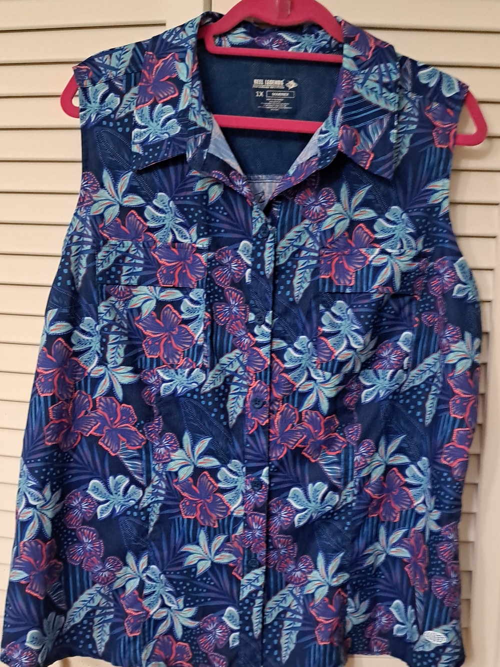 Reel Legends Navy Floral Button-Down Sleeveless Top